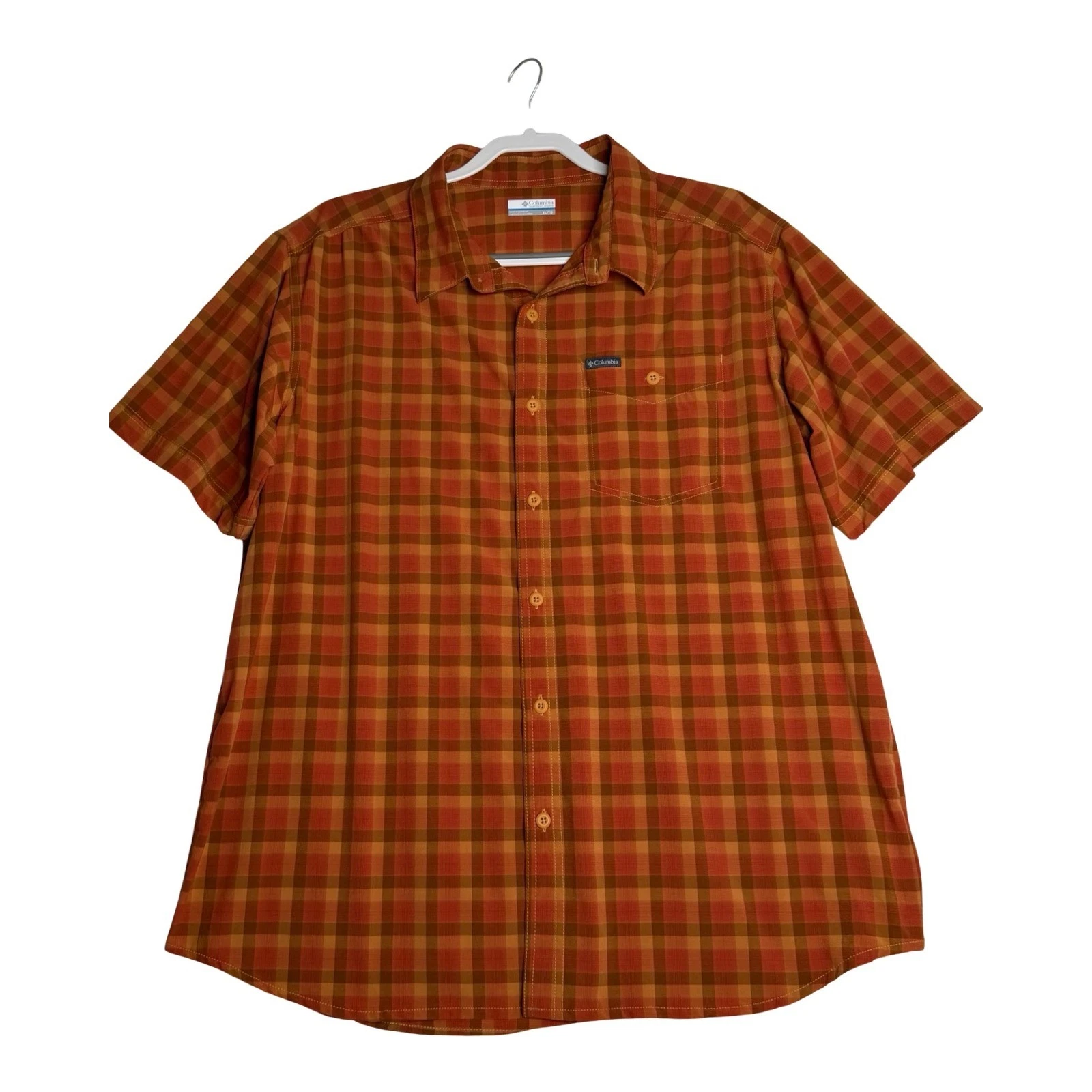 Columbia Fir Ridge Plaid Short Sleeve Hiking Shirt Orange Brown Men XL