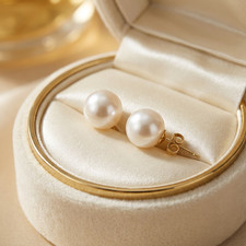 14K Solid Gold 7mm Crystal Pearl Stud Earrings Classic White Pearl Gift