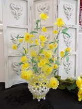 Large 1950's Vintage Beaded Flower Arrangement Yellow Flowers Green Leaves