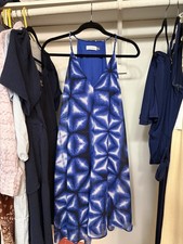 Calvin Klein Women's M A-Line V-Neck Geometric Blue/White Knee Dress Nylon