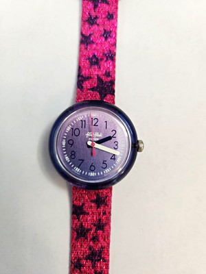 Flik Flak Swiss Made Kids Quartz Analog Watch Pink Fabric Star Strap Blue Case