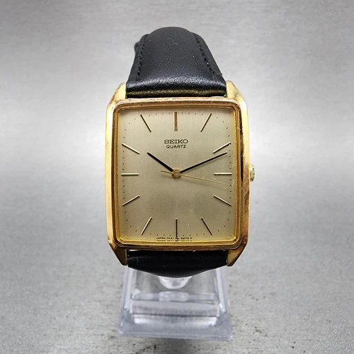 Seiko Tank Watch Men 27mm Gold Dial Gold Plated Rectangle 7431-5210 New Battery