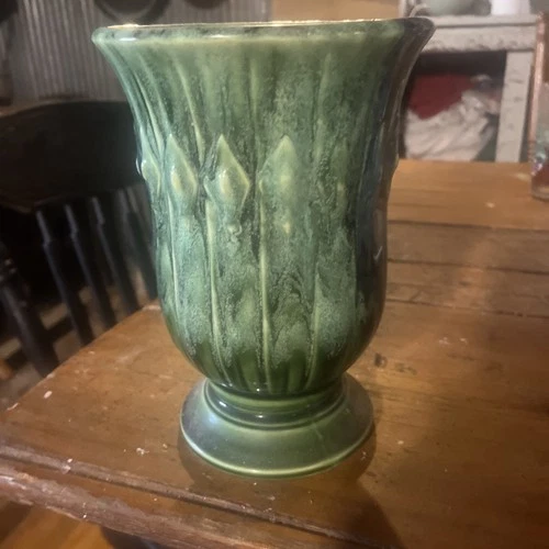 RARE Vintage MCCOY DIAMOND TRIM Green & Blue Blended Drip Glaze 8" Signed Vase