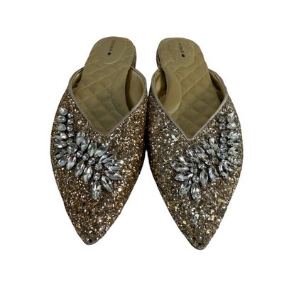 Birdies The Swan Sz 9 Jeweled Mules Pointed Flats Champagne Gold Sparkle Women s