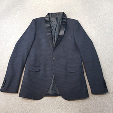 Selected Homme Mens Jacket 42 Blue Check Slim Blazer Satin Lapel Dinner Smoking