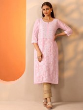 Women  s Baby Pink Chikankari Kurti Embroidered Cotton Ethnic Kurta Straight
