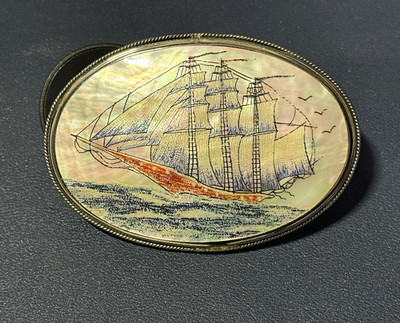 Men s Metal Oval Belt Buckle Silver Tone Nautical Sailing Ship Scene