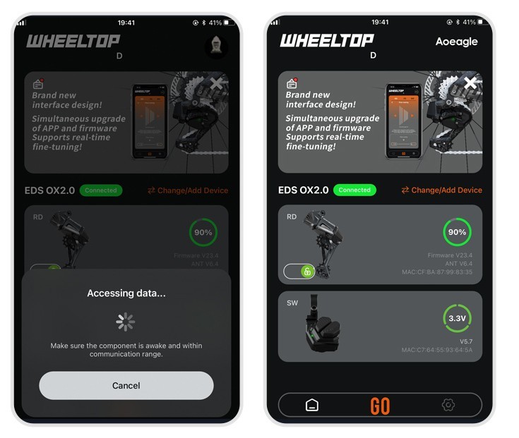 WHEELTOP app connecting and showing rear derailleur and shifter with battery levels
