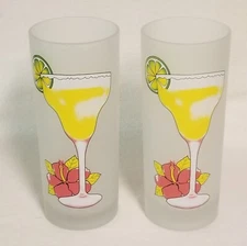Set of 2 Frosted Collins Glasses with Margarita Recipe on Back of Glass 