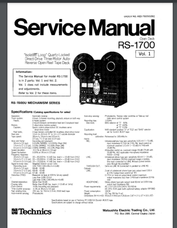 TECHNICS RS-1700 REEL TO REEL SERVICE & OWNERS MANUAL 84 pages comb bound