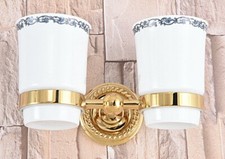 Gold Color Brass Wall Mounted Dual Ceramic Toothbrush  Tumbler / Cup Holder