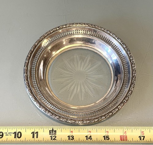 Vintage Antique Frank Whiting Sterling Silver Crystal Glass Coaster Plate Dish - Picture 10 of 11