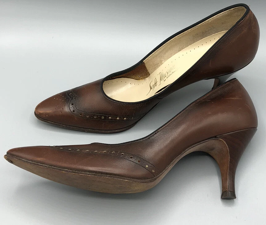 Zapatos de salón de cuero marrón naturalizador vintage 8AA ilusión suave hermosos tacones ajustados Foto 3 de 4