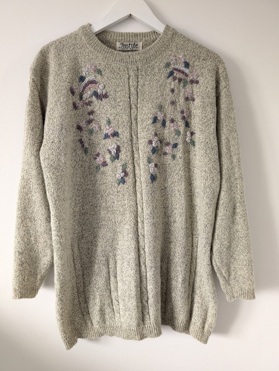 Ladies Jumper Instyle Long Sleeve Crew Neck Embroidered Flowers Multi 44  Inches
