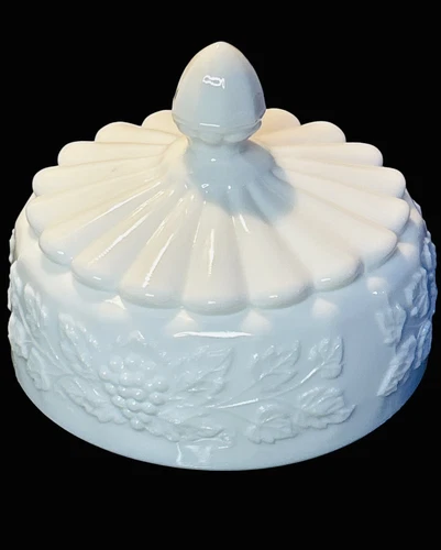 Westmoreland Milk Glass Butter Dish Lid Paneled Round White Grape Leaves Vintage