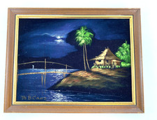 Vtg Painting Tiki Hut Scene Framed Black Velvet Seashore Moonlight Mini Signed