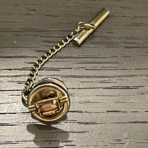 Vintage Swank Tie Tack Męski Różowe Złoto Kamień ~ Złote Zapięcie Pin Biżuteria - Zdjęcie 1 z 5