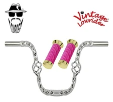 Vtg Lowrider 9" Handlebar Cage Square Twisted 25.4mm Chrome, Velour Swirl Grips