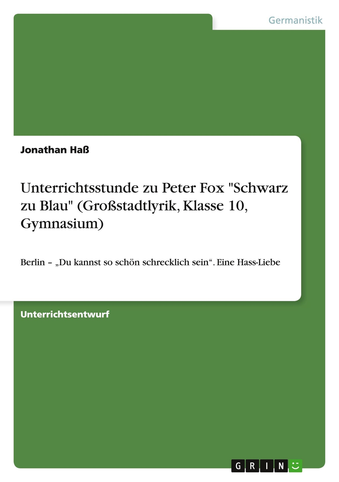 Thumbnail - Unterrichtsstunde Zu Peter Fox Schwarz Zu Blau (großstadtlyrik, Klasse