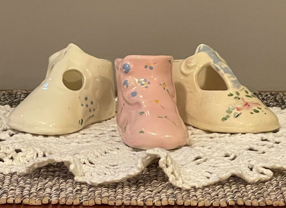 Set Of 3 Ceramic Hand Painted 1 Pink & 2 Cream/white