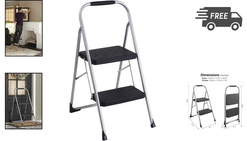 Step Stool Steel 2-Step Gray Foldable Household Ladder Lightweight Stable - Picture 2 of 10