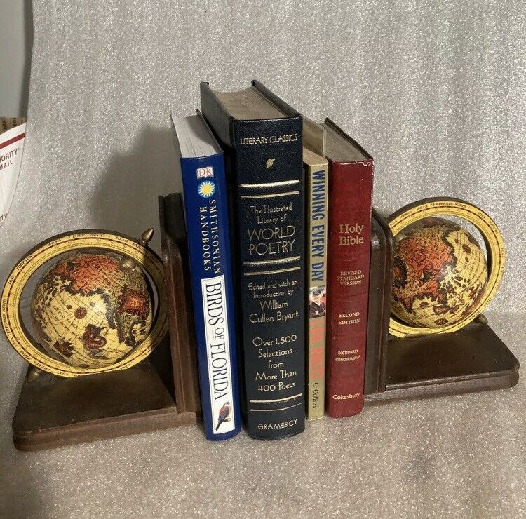 Vintage OLD WORLD Rotating Wooden Globe BOOKENDS They Both Spin sea Monster