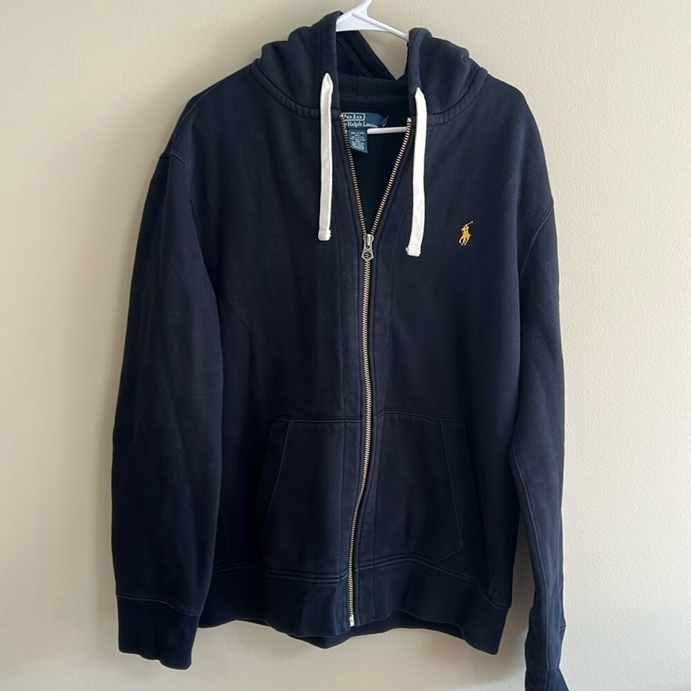 Polo Ralph Lauren blu navy scuro giallo pony logo zip cappuccio peso medio