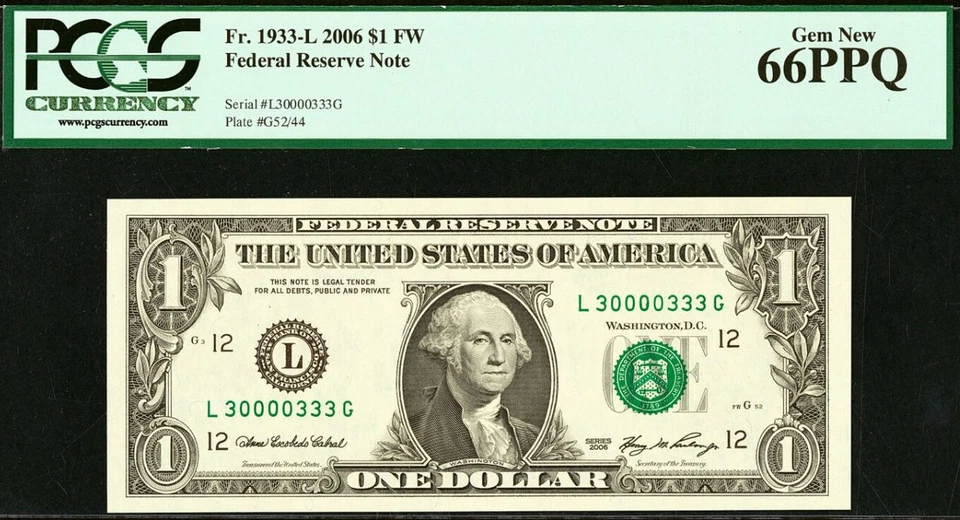 2001 $1 Federal Reserve Note PCGS 66PPQ Three Fancy Same Serial Number 30000333 - Image 2 of 4