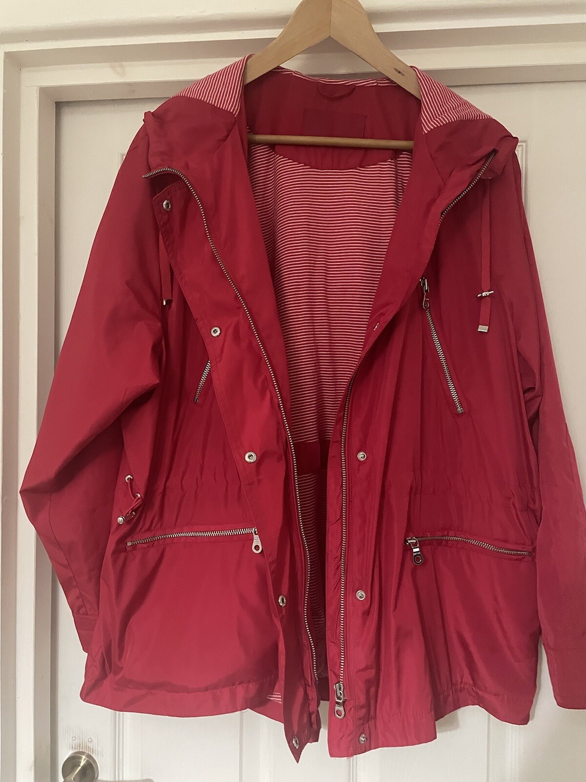 M&S ‘ Per Una ‘ Red Raincoat Jacket With Hood Zips & Toggles Size 20 eBay