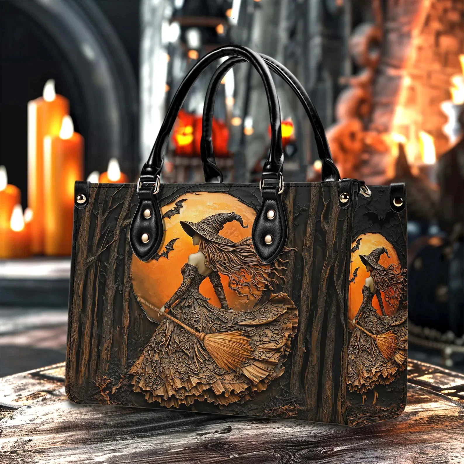 Witch Printed Leather Handbag with Handle, Halloween Halloween Bag