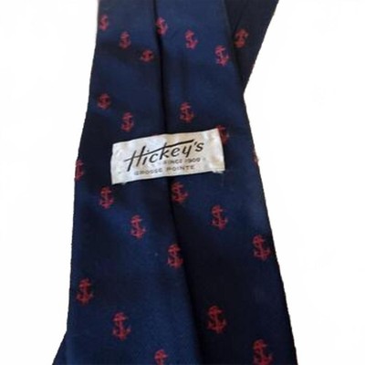 VTG Hickeys Grosse Pointe Tie Navy Blue Red Anchor Nautical Silk Men's Necktie