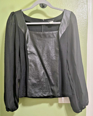 S VENUS Black Faux Leather Front Top Sheer Sleeves NWOT Square Neck Dressy