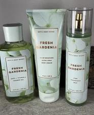 NEW 3pc Bath & Body Works FRESH GARDENIA Fine Fragrance Mist-cream-shower gel