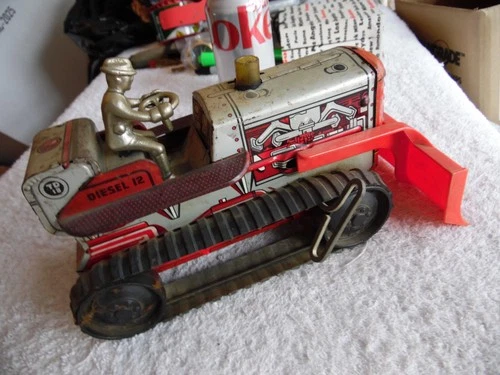 VINTAGE MARX WIND-UP TIN RED CATERPILLAR TRACTOR / BULLDOZER
