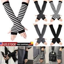 Punk Gothic Long Arm Warmers Knit Fingerless Gloves Thumb Hole Stretchy Goth USA