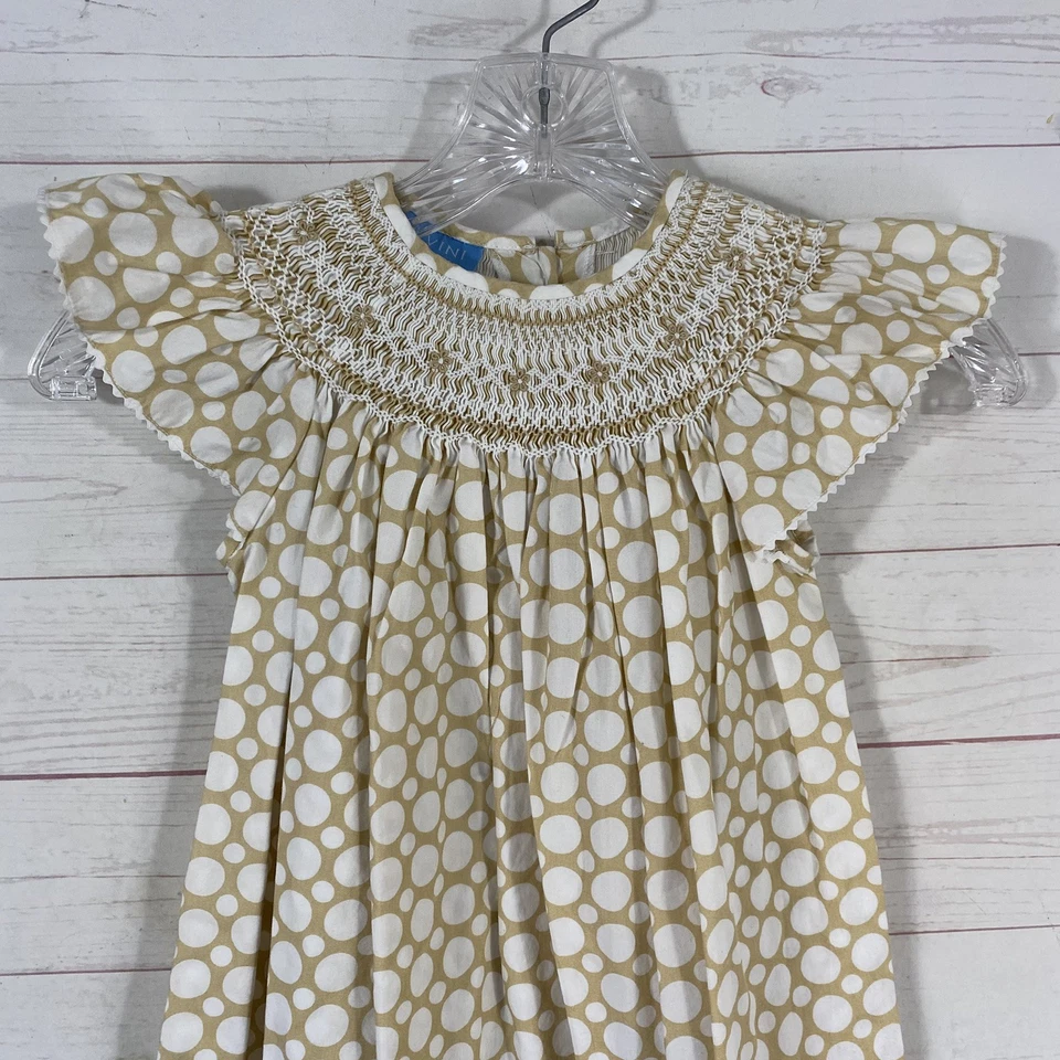 Vestido Anavini feminino feito à mão tamanho 4 100% algodão bege/branco estampa de ponto - Imagem 2 de 4