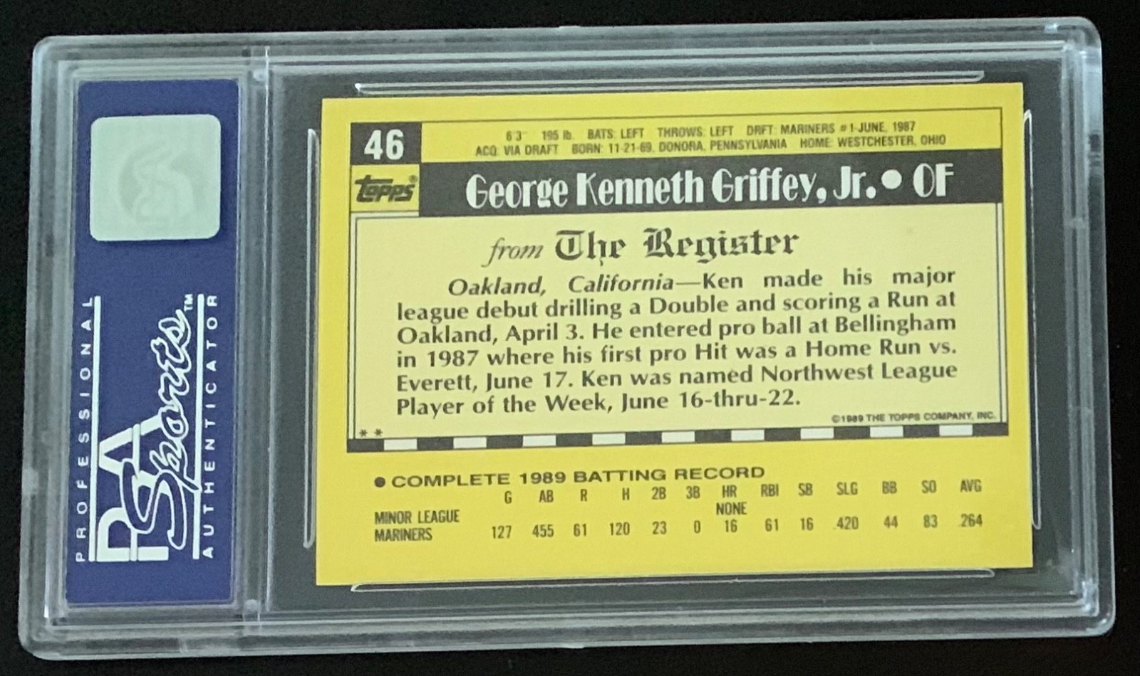 KEN GRIFFEY JR PSA 10 GEM MINT 1989 Topps ML DEBUT #46 RC ROOKIE HOF view 2