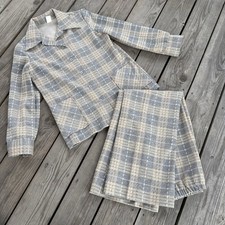Vintage 70s Leisure Suit Grey Plaid Polyester Women  s Sz L VTG 1970s