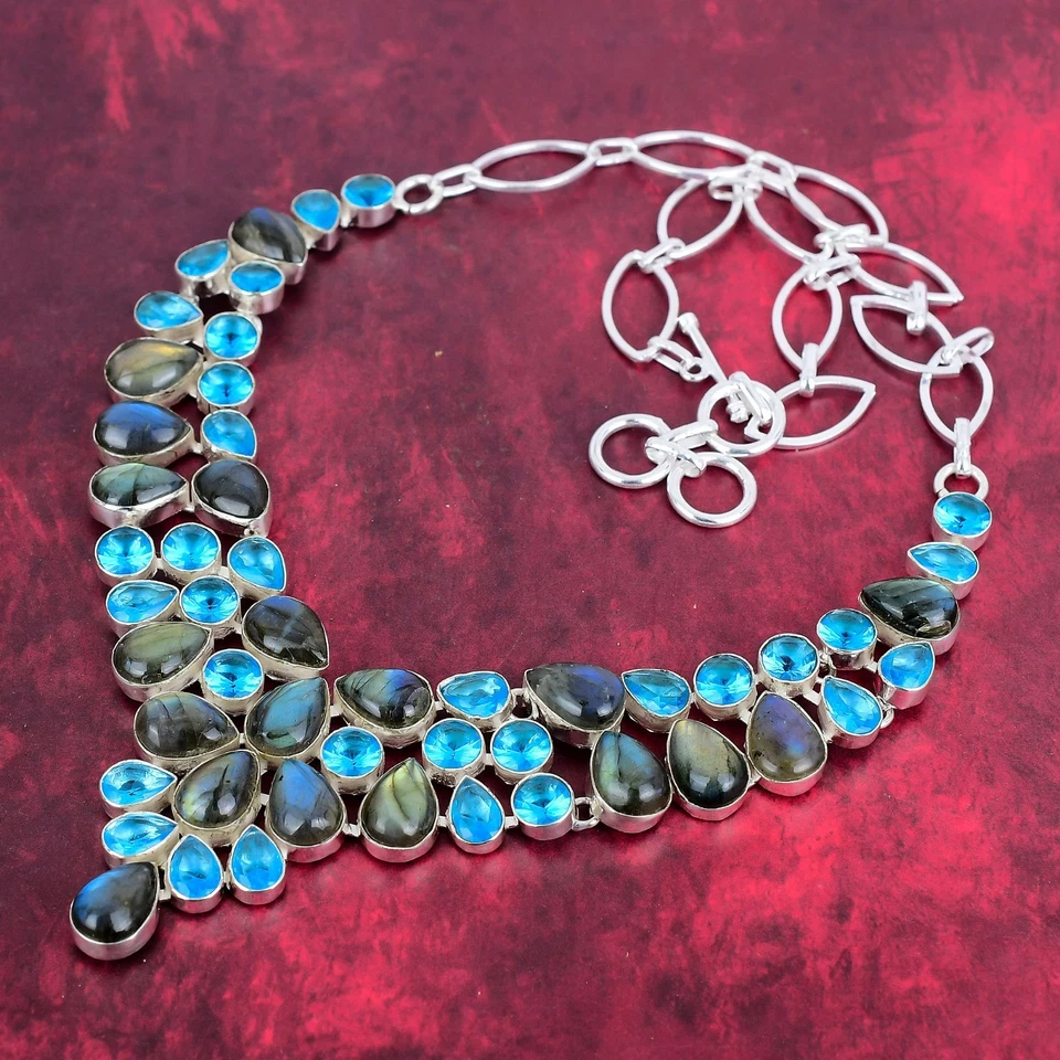 Collar hecho a mano de plata de ley 925 con piedras preciosas de topacio azul de labradorita Foto 3 de 4