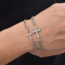 Men's Stainless Steel Silver Cross Pearl Chain Bracelet Religious Gothic Gift