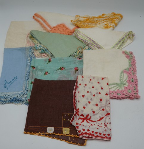 Vintage Handkerchief Lot - 10 Assorted Embroidered Crochet Print Hankies