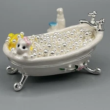 Kitty Cat Bubble Bath White Tub Crystal Jeweled Enameled Trinket Box - See Video