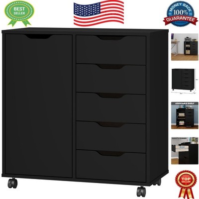 Versatile 5-Drawer Dresser with Door - Mobile Wooden Storage for Home & Office