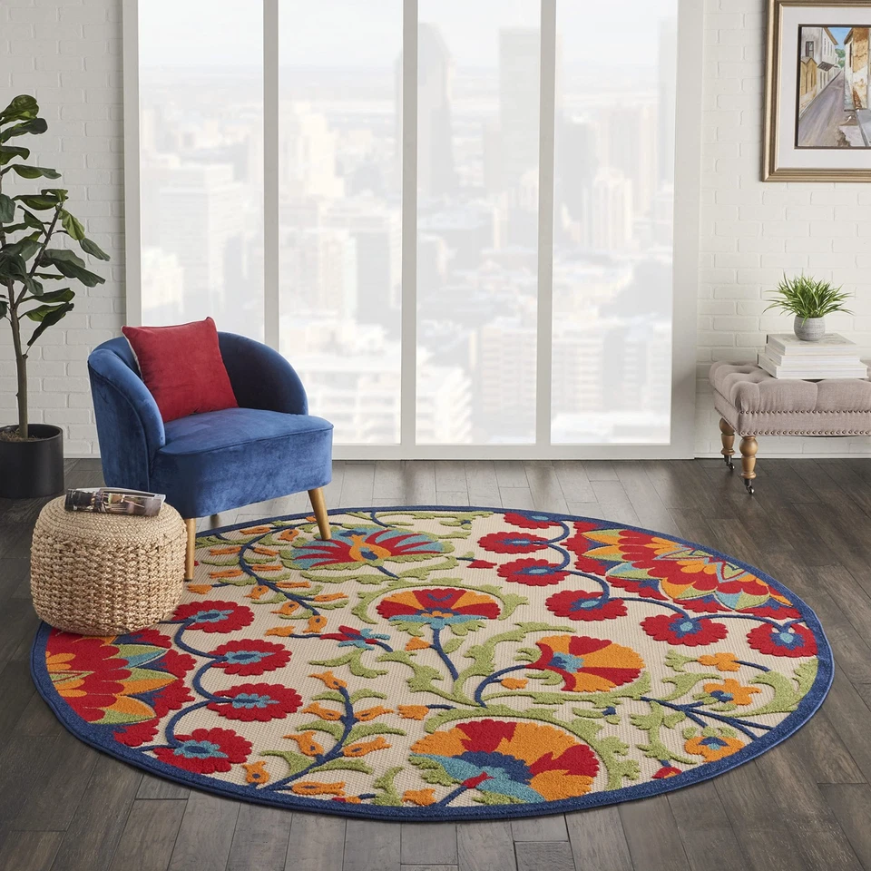 Round Red Floral Outdoor Rug 7ft 10in Multi Color Contemporary Style Soft Pile - Image 4 of 4
