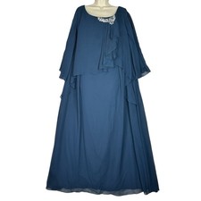 Azazie A28 Dusty Blue Chiffon Maxi Dress Cape Overlay Beaded Neck Formal Plus