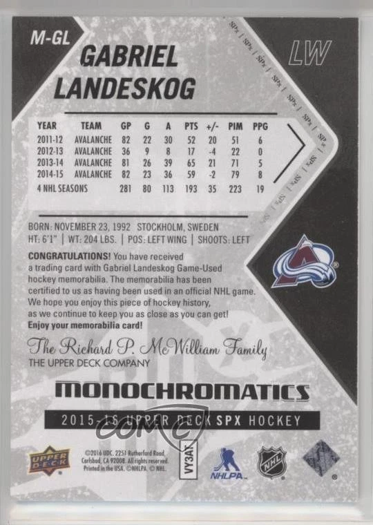 2015-16 SPx Monochromatics Jerseys Gabriel Landeskog #M-GL - Image 2 of 2