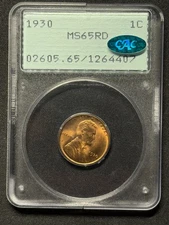 1930 1c Lincoln Cent PCGS MS-65RD CAC Rattler Holder