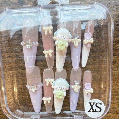 Long Coffin Press-On Nails Pink Purple & White 3D Cartoon Full Cover Set