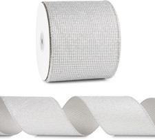 Silver Ribbon Wired 4" X 10 Yards Glitter Mesh Wired Silver Ribbon for Christmas