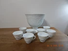 Vintage Indiana Glass Pebble Leaf Milk Glass Pedestal Punch Bowl w/8 Punch Cups